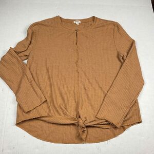 Dylan Womens Tie Front Thermal Shirt Brown Long Sleeve Casual Knit Top LARGE